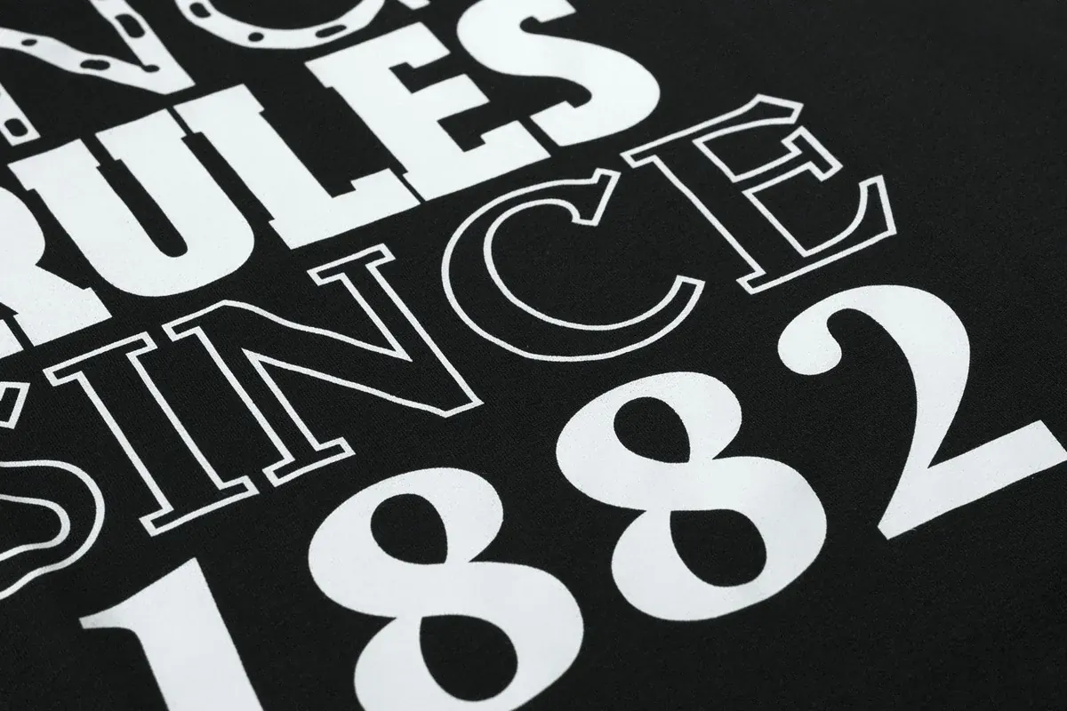 Dettaglio grafico della t-shirt merch Olivieri 1882 "Rules Since 1882"